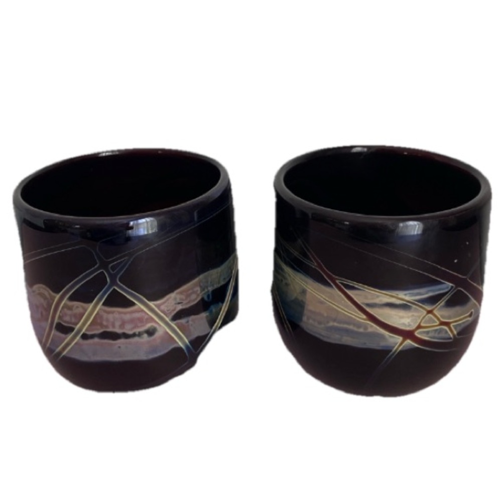 set of 2 Andrew Shea Art Glass Dark Ruby Hand Blown Roly Poly Low Ball Glasses